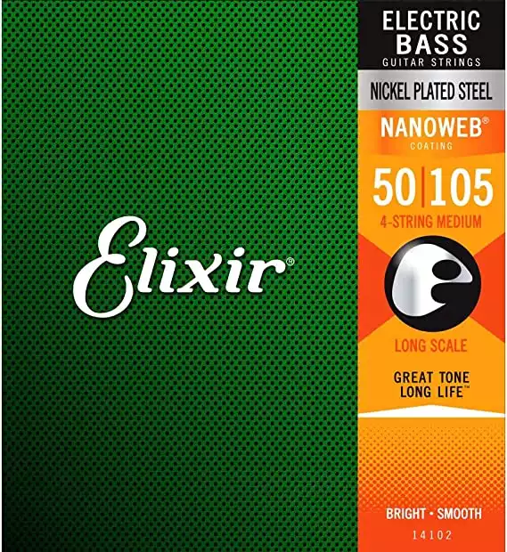 Elixir Strings Nickel Plated Steel 4-String Bass Strings w NANOWEB Coating, Long Scale, Medium (.050-.105)